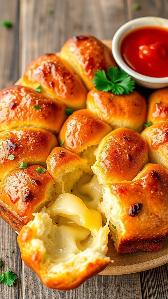 Garlic Cheese Monkey Bread Recipe Garlic cheese monkey bread with melted cheese and garlic flavor, served with marinara sauce on a wooden table.